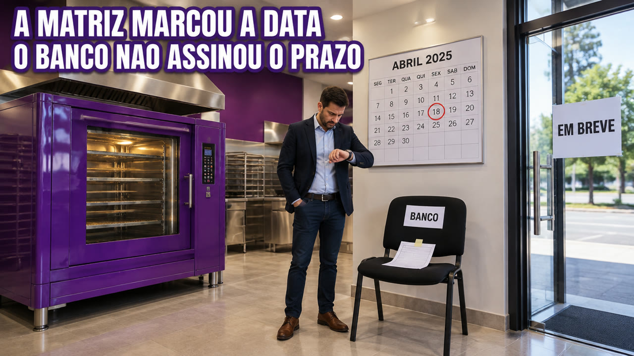 A matriz da sua franquia marcou a data de abertura. Seu financiamento de equipamento não assinou esse contrato.